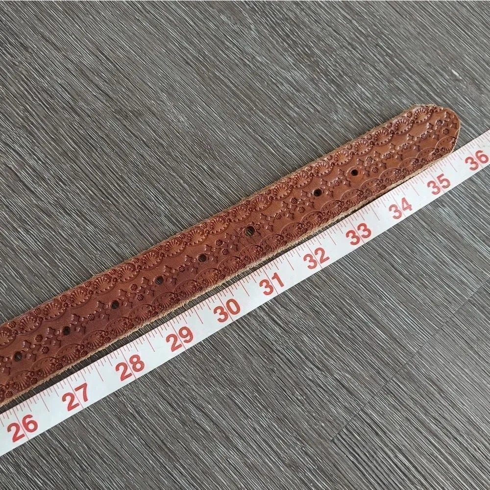 Brown Tooled Embossed Leather Belt 36